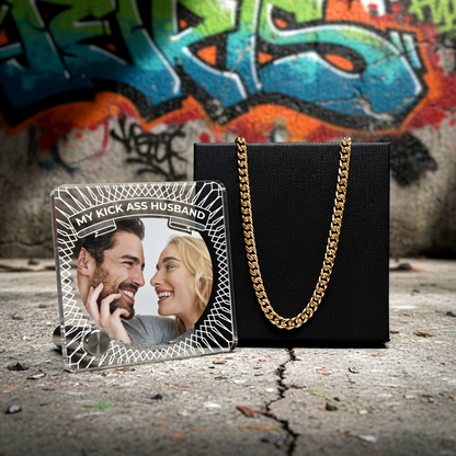 My Kick Ass Husband - Gold 14k Cuban Chain With Personalised Acrylic Plaque