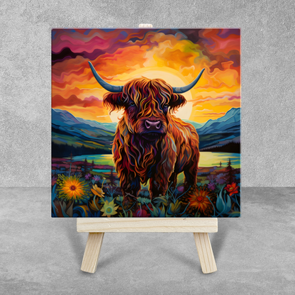 Highland Cow Ceramic Art Tile with Easel