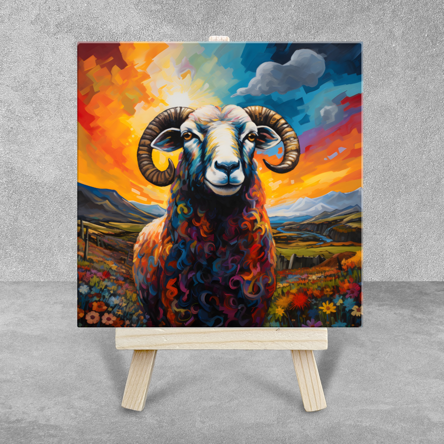 Long Horned Sheep Ceramic Art Tile with Easel