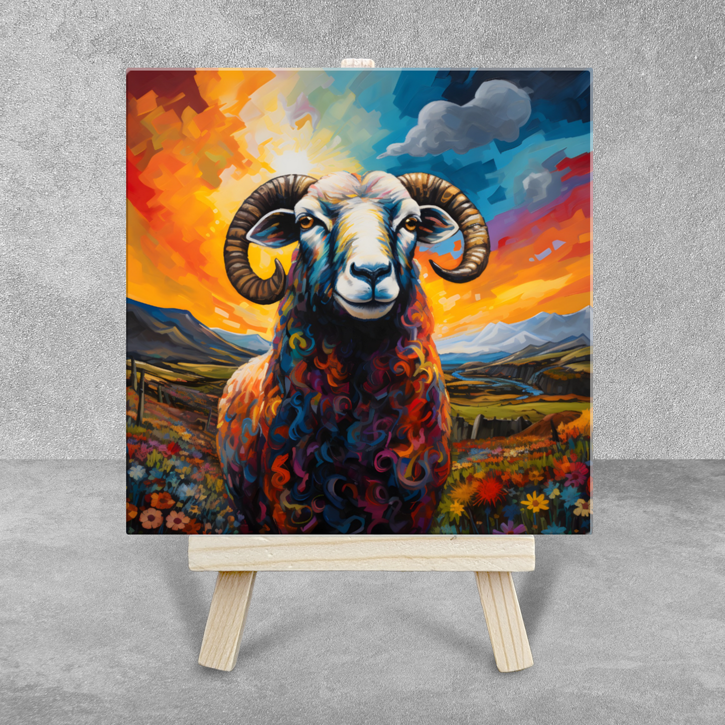 Long Horned Sheep Ceramic Art Tile with Easel