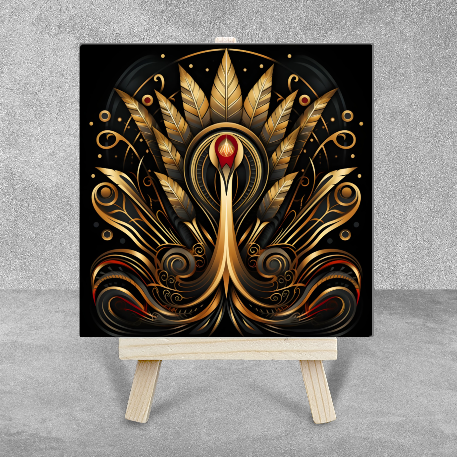 Golden Plume Ceramic Art Tile with Easel