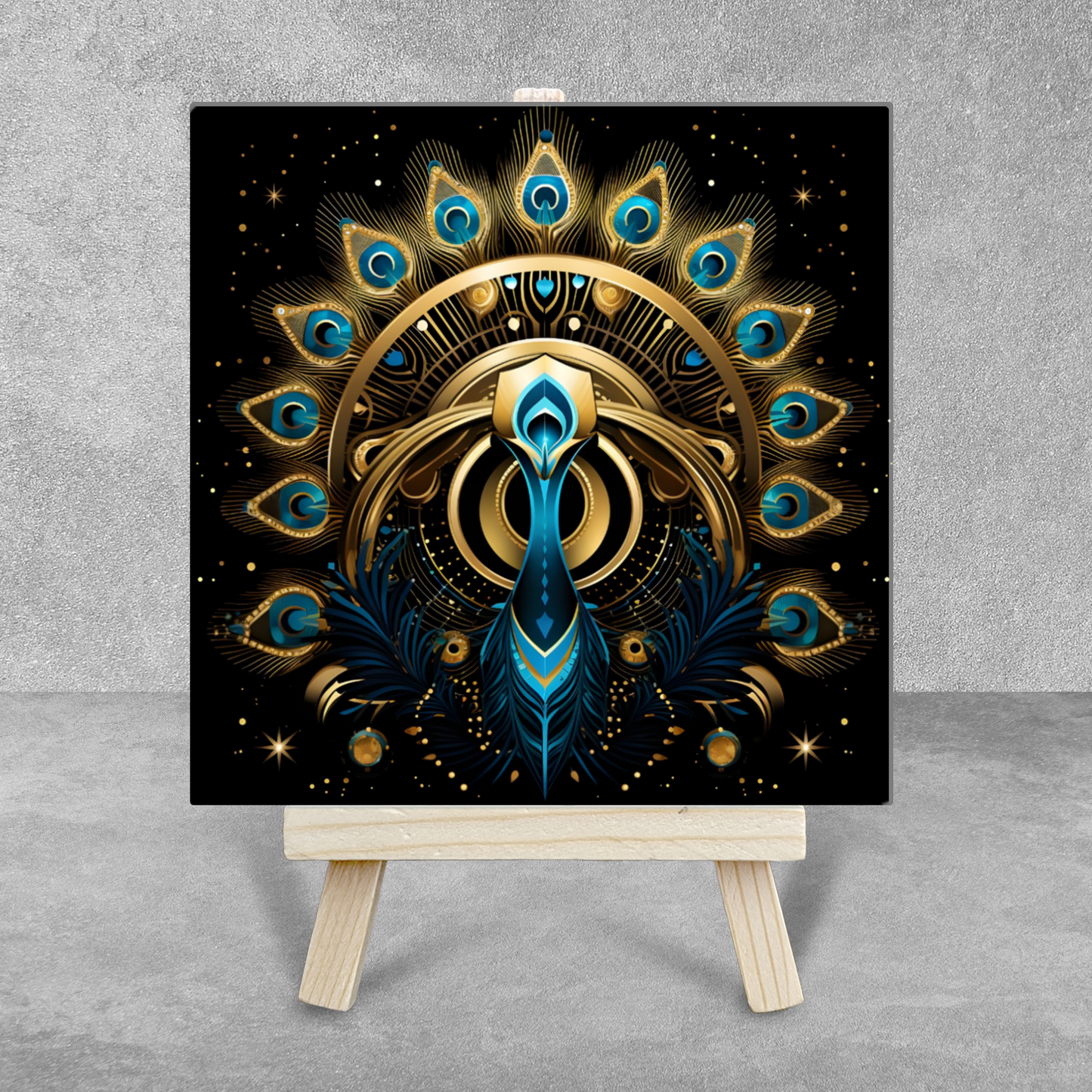 Celestial Peacock Ceramic Art Tile with Easel