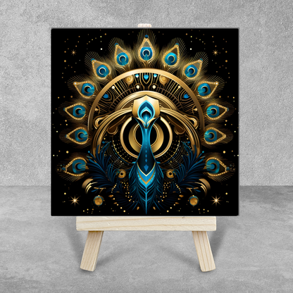 Celestial Peacock Ceramic Art Tile with Easel
