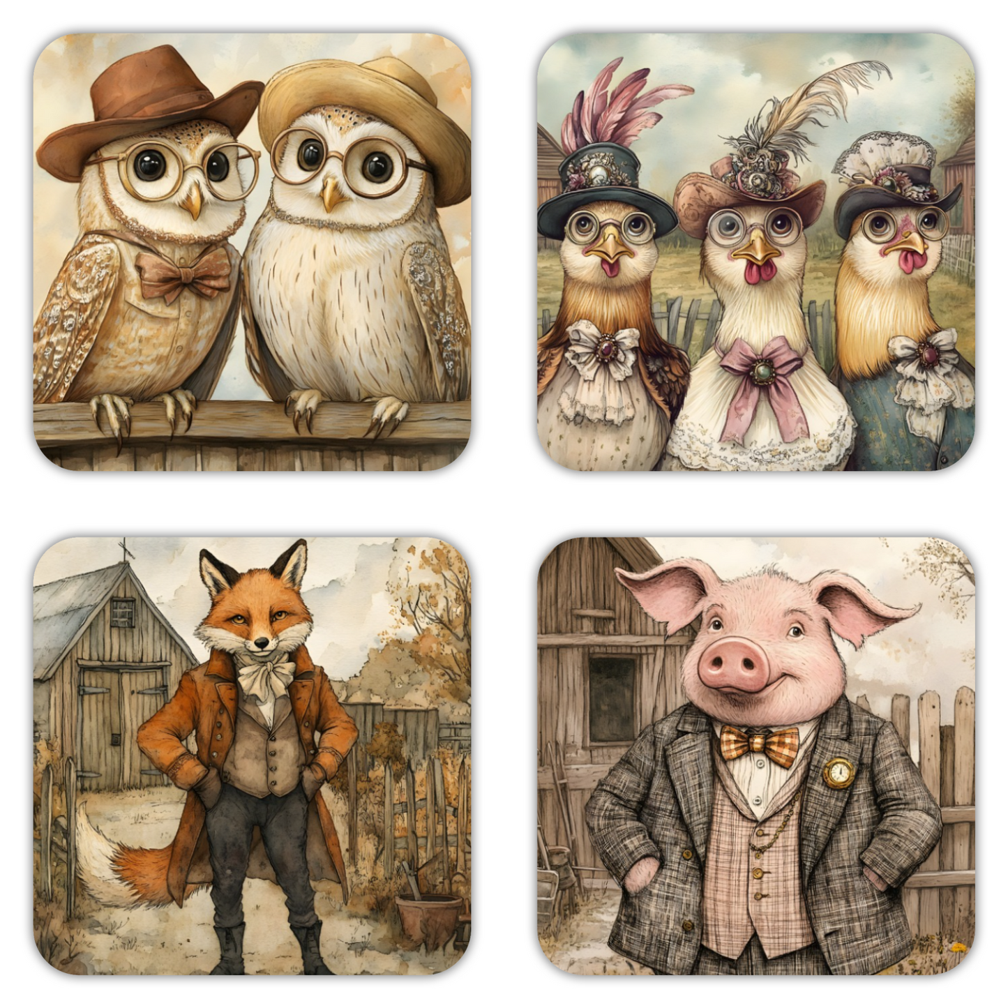 Farmyard Elegance - Set Of 4 Wooden Coasters With Cork Backing 95mm