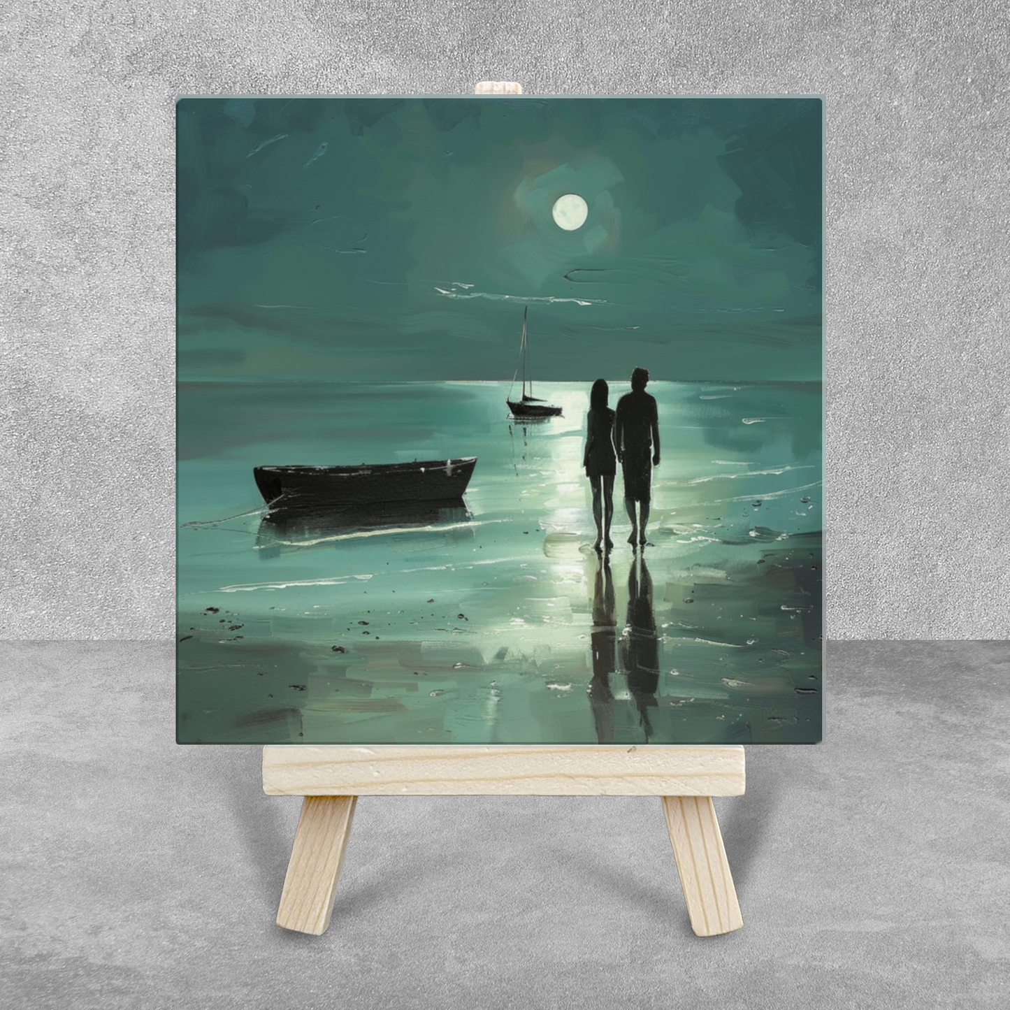 Moonlit Shore Ceramic Art Tile with Easel