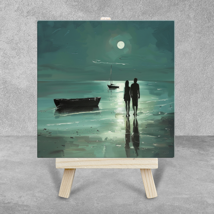 Moonlit Shore Ceramic Art Tile with Easel