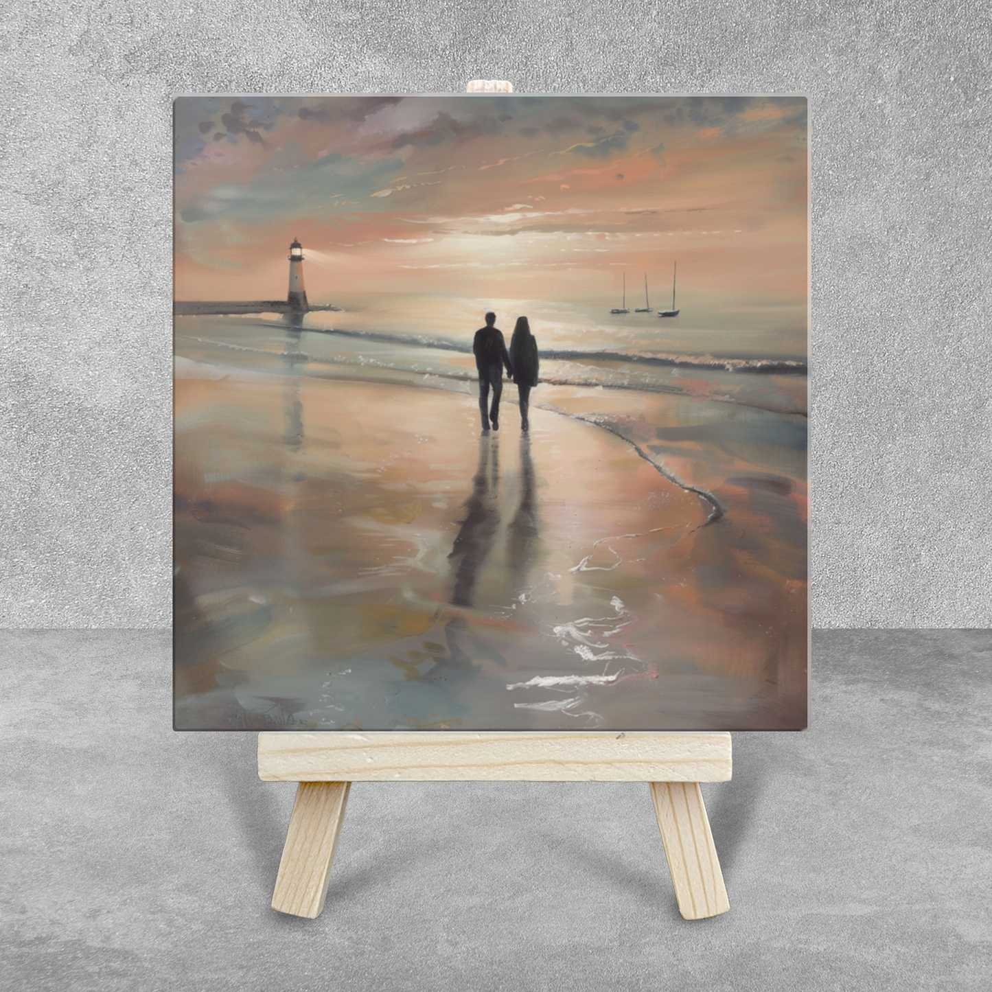 Lighthouse Glow Ceramic Art Tile with Easel