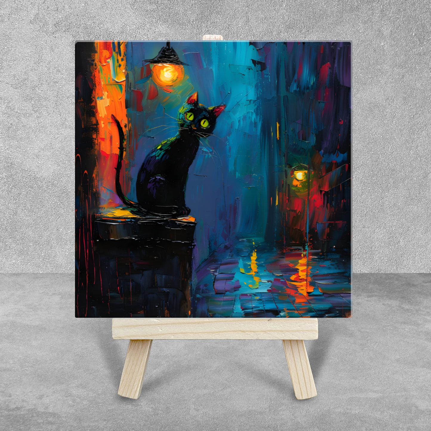 Nocturnal Guardian Ceramic Art Tile with Easel
