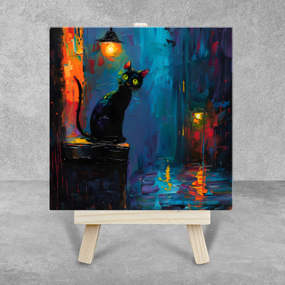 Nocturnal Guardian Ceramic Art Tile with Easel