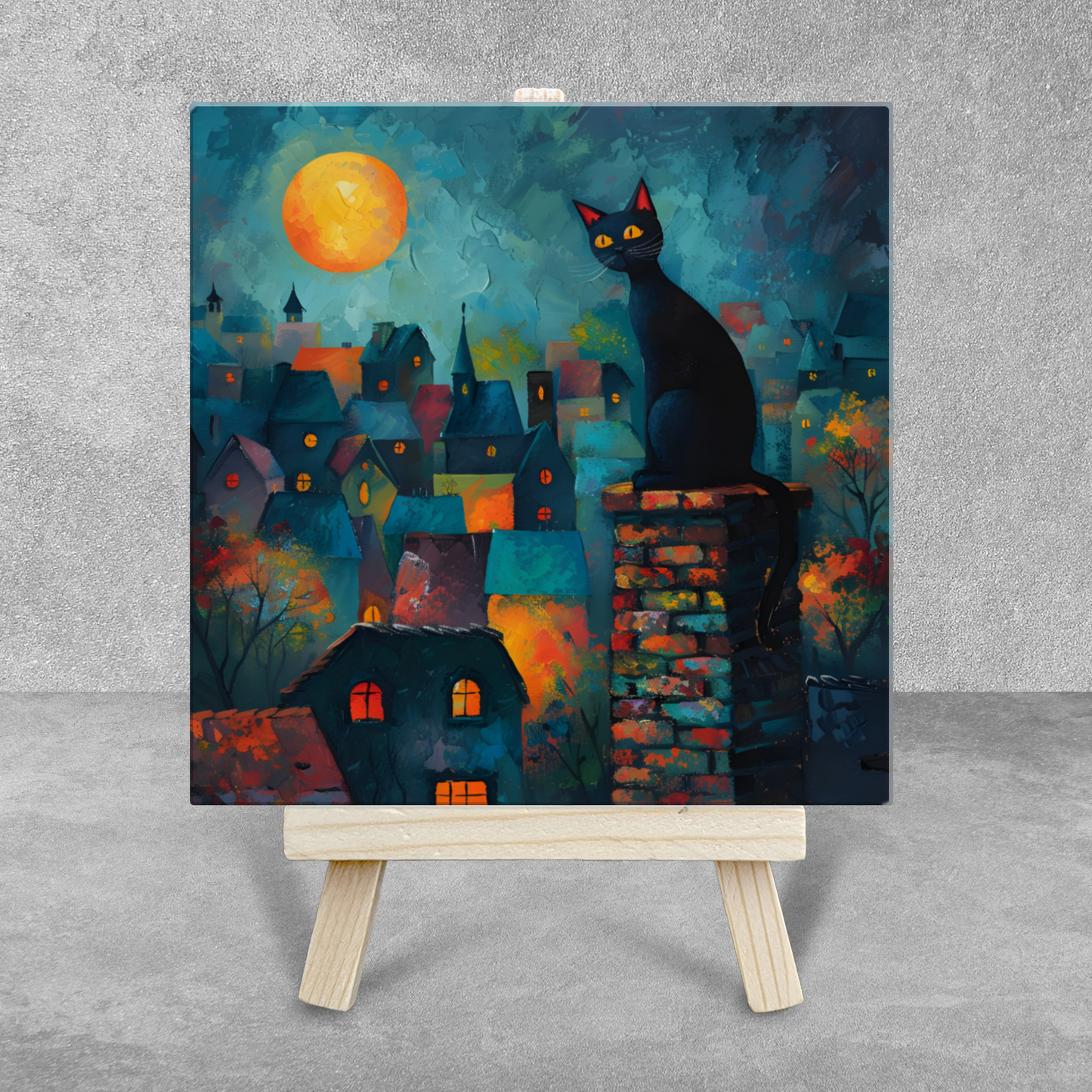Twilight Over Rooftops Ceramic Art Tile with Easel