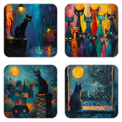 Mystic Felines Set Of 4 Wooden Coasters With Cork Backing 95mm