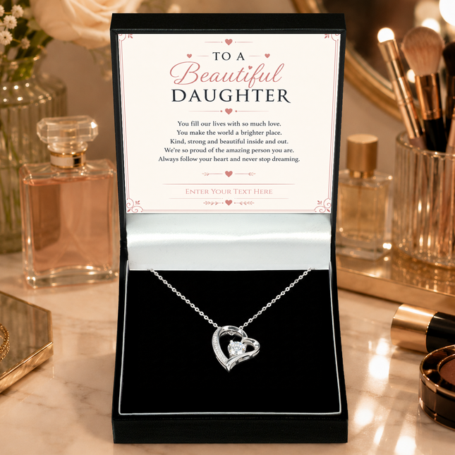 To A Beautiful Daughter Personalised Necklace With Poem, Eternal Heart Pendant In Keepsake Box