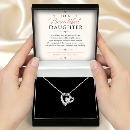 To A Beautiful Daughter Personalised Necklace With Poem, Eternal Heart Pendant In Keepsake Box