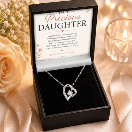 To A Precious Daughter Personalised Necklace With Poem, Eternal Heart Pendant In Keepsake Box