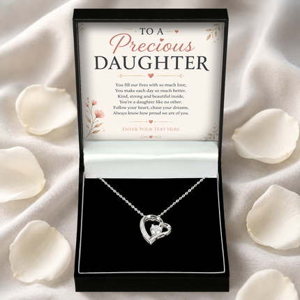 To A Precious Daughter Personalised Necklace With Poem, Eternal Heart Pendant In Keepsake Box
