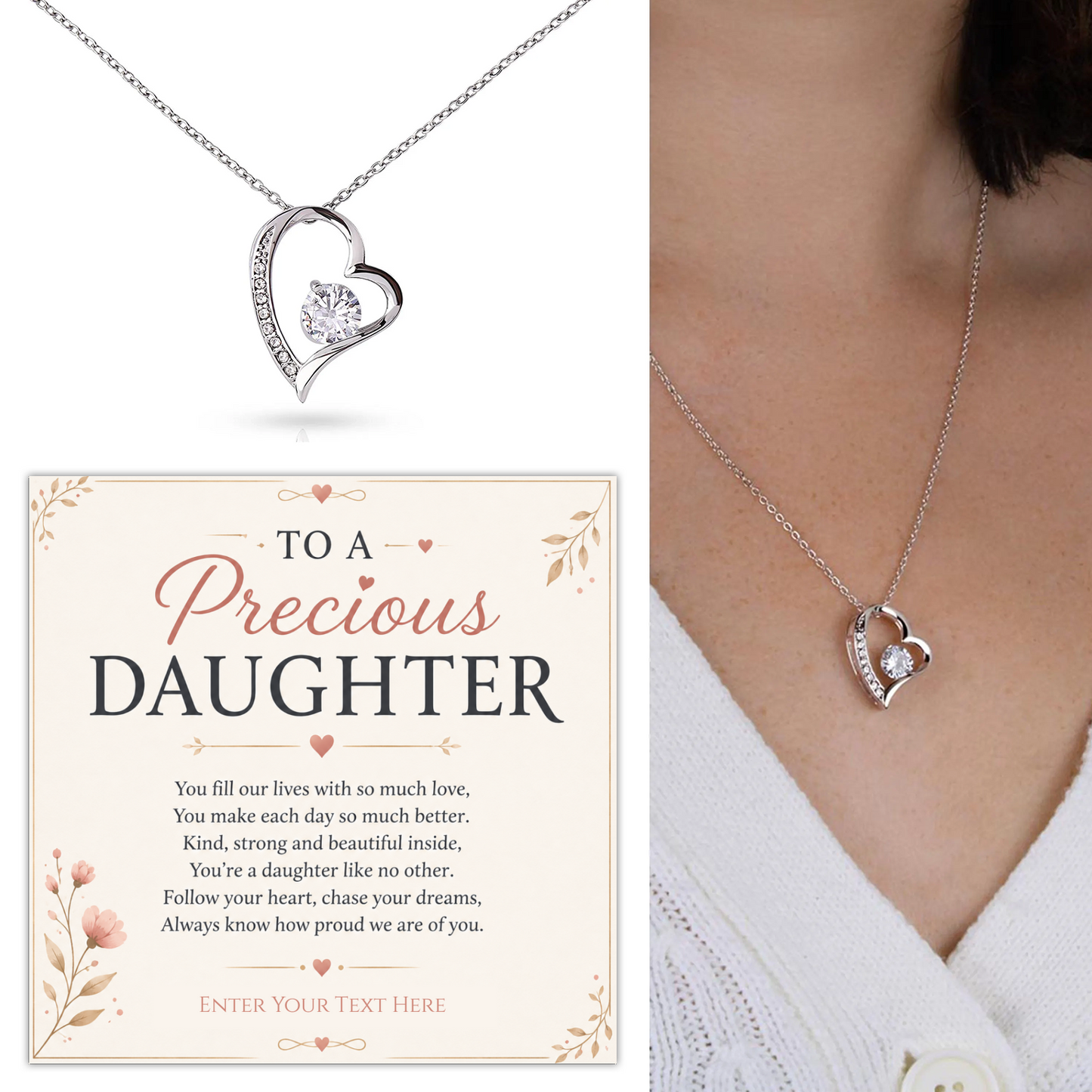 To A Precious Daughter Personalised Necklace With Poem, Eternal Heart Pendant In Keepsake Box