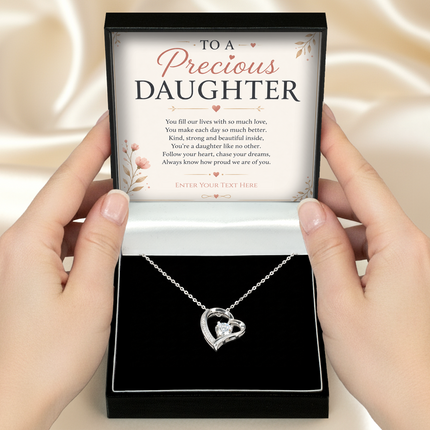 To A Precious Daughter Personalised Necklace With Poem, Eternal Heart Pendant In Keepsake Box