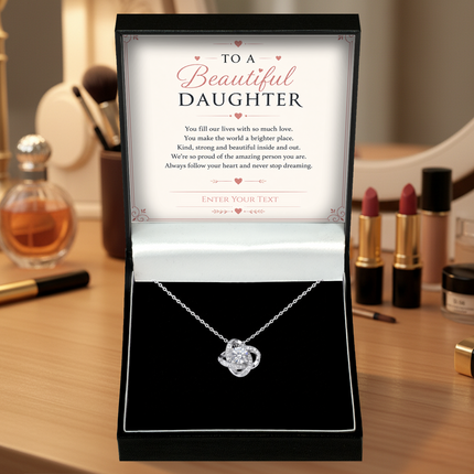 To A Beautiful Daughter Personalised Necklace With Poem, Love Knot Pendant In Keepsake Box