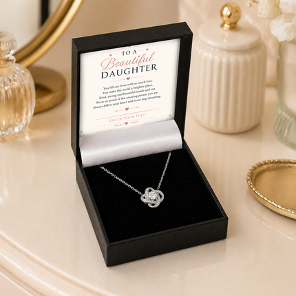 To A Beautiful Daughter Personalised Necklace With Poem, Love Knot Pendant In Keepsake Box
