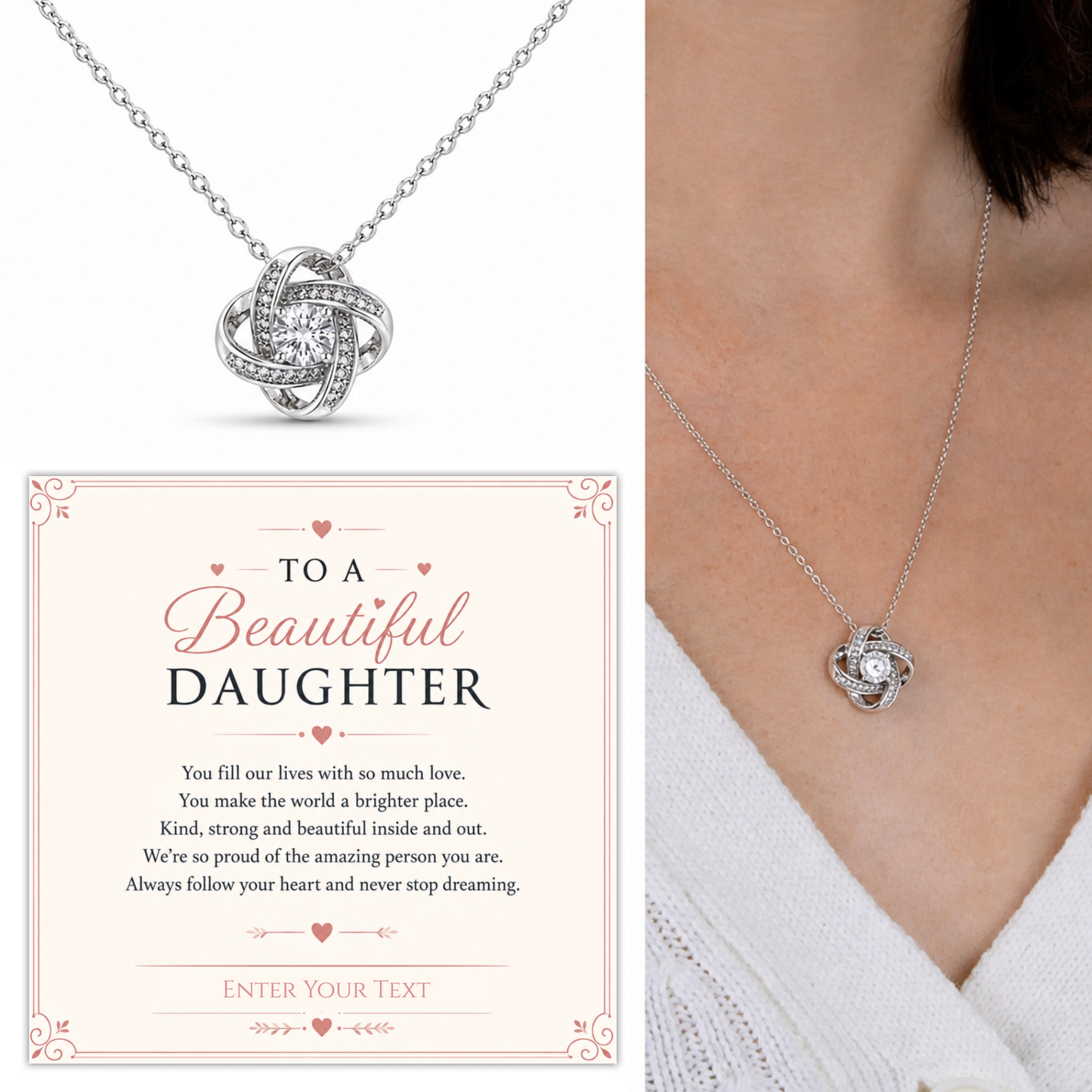 To A Beautiful Daughter Personalised Necklace With Poem, Love Knot Pendant In Keepsake Box