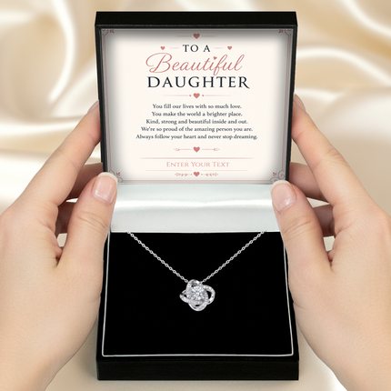 To A Beautiful Daughter Personalised Necklace With Poem, Love Knot Pendant In Keepsake Box