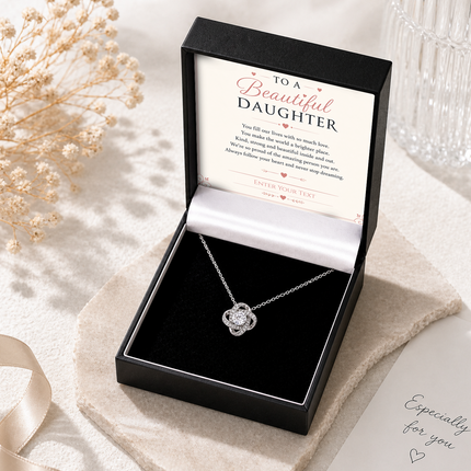 To A Beautiful Daughter Personalised Necklace With Poem, Love Knot Pendant In Keepsake Box