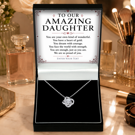 To Our Amazing Daughter Personalised Necklace With Poem, Love Knot Pendant In Keepsake Box