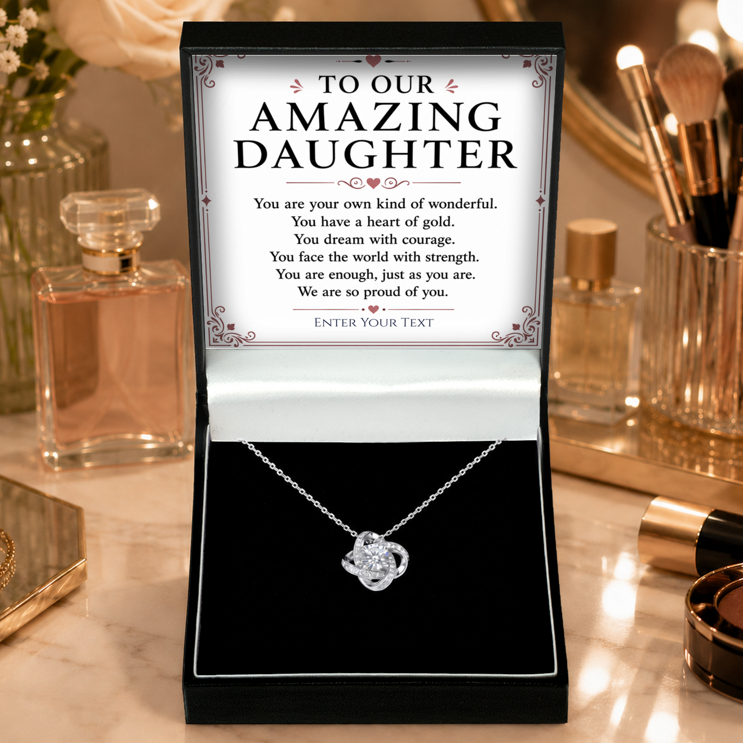 To Our Amazing Daughter Personalised Necklace With Poem, Love Knot Pendant In Keepsake Box