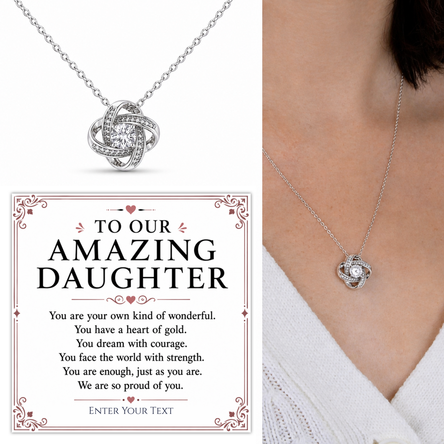 To Our Amazing Daughter Personalised Necklace With Poem, Love Knot Pendant In Keepsake Box