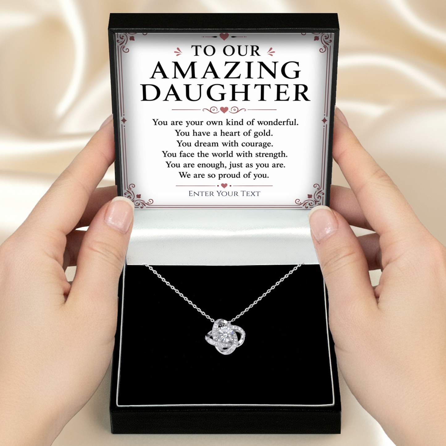 To Our Amazing Daughter Personalised Necklace With Poem, Love Knot Pendant In Keepsake Box