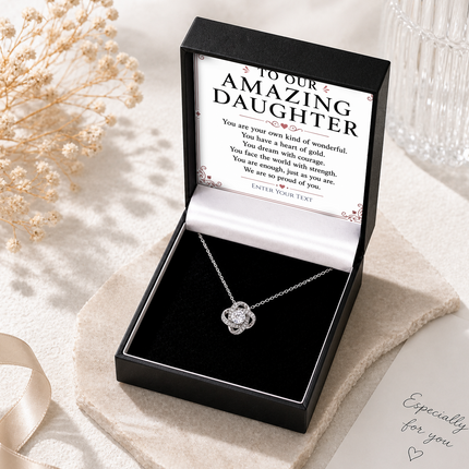 To Our Amazing Daughter Personalised Necklace With Poem, Love Knot Pendant In Keepsake Box
