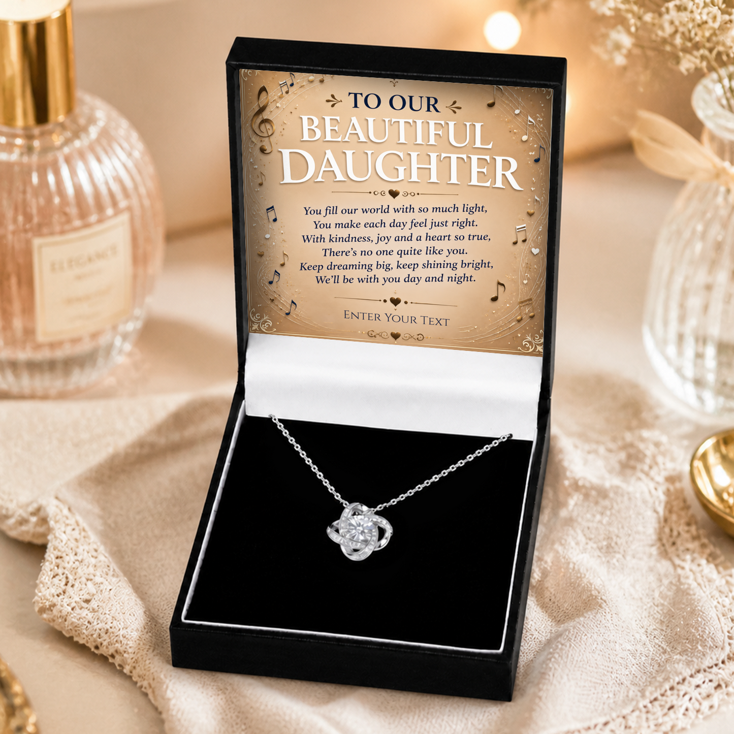 To Our Beautiful Daughter Personalised Necklace With Poem, Love Knot Pendant In Keepsake Box