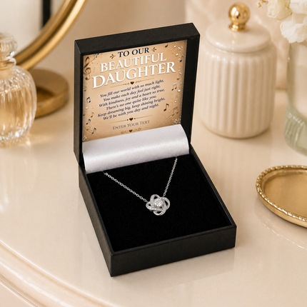 To Our Beautiful Daughter Personalised Necklace With Poem, Love Knot Pendant In Keepsake Box