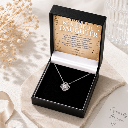 To Our Beautiful Daughter Personalised Necklace With Poem, Love Knot Pendant In Keepsake Box