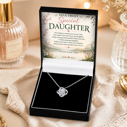 To A Truly Special Daughter Personalised Necklace With Poem, Love Knot Pendant In Keepsake Box