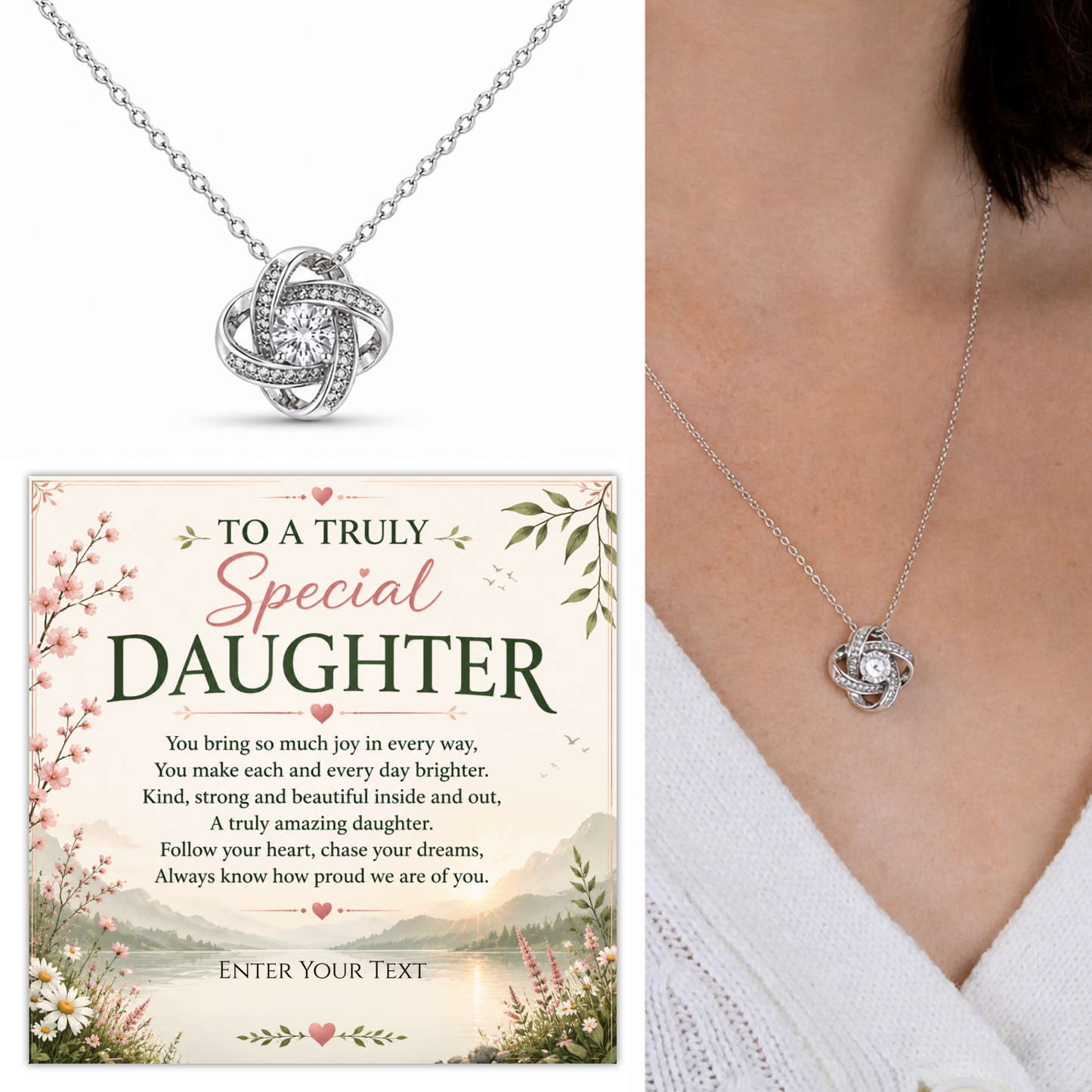 To A Truly Special Daughter Personalised Necklace With Poem, Love Knot Pendant In Keepsake Box