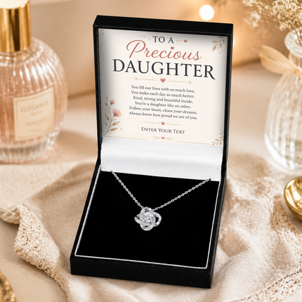 To A Precious Daughter Personalised Necklace With Poem, Love Knot Pendant In Keepsake Box