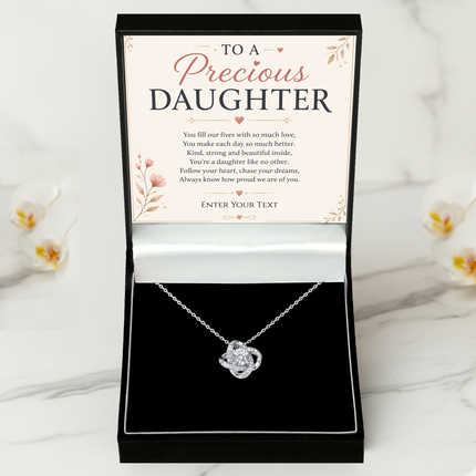 To A Precious Daughter Personalised Necklace With Poem, Love Knot Pendant In Keepsake Box