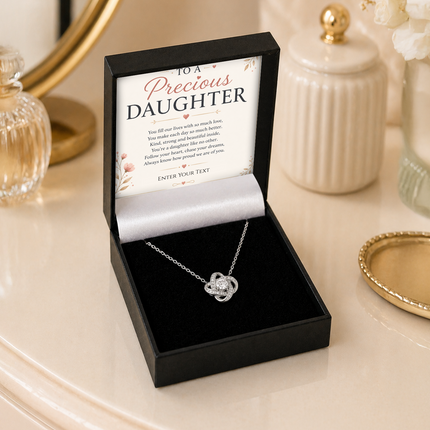 To A Precious Daughter Personalised Necklace With Poem, Love Knot Pendant In Keepsake Box