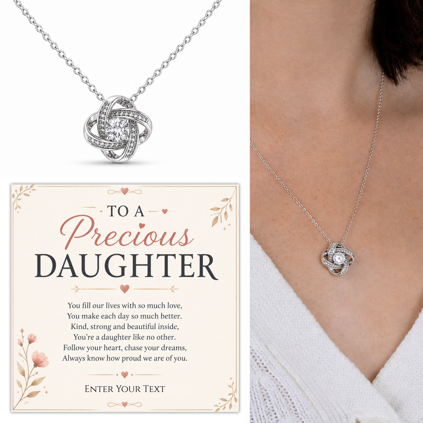 To A Precious Daughter Personalised Necklace With Poem, Love Knot Pendant In Keepsake Box