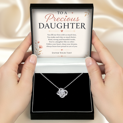 To A Precious Daughter Personalised Necklace With Poem, Love Knot Pendant In Keepsake Box