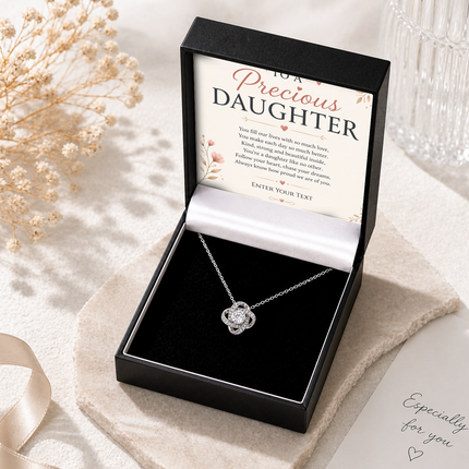To A Precious Daughter Personalised Necklace With Poem, Love Knot Pendant In Keepsake Box