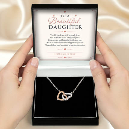 To A Beautiful Daughter Personalised Necklace With Poem, Interlocking Hearts Pendant In Keepsake Box