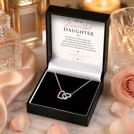 To A Beautiful Daughter Personalised Necklace With Poem, Interlocking Hearts Pendant In Keepsake Box