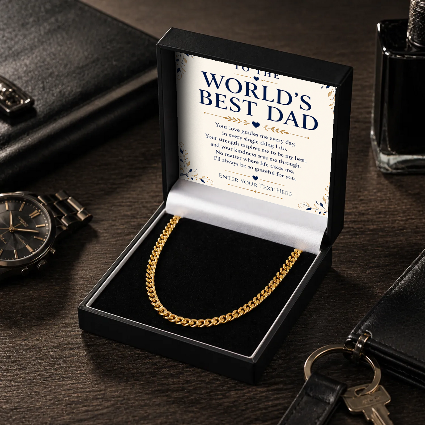 To The World's Best Dad 18k Gold Plated Cuban Chain Necklace With Personalised Keepsake Box