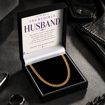To My Incredible Husband 18k Gold Plated Cuban Chain Necklace With Personalised Keepsake Box