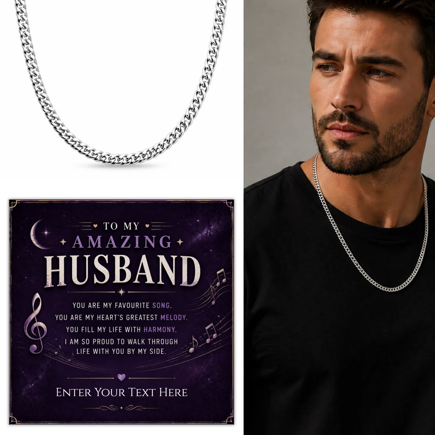 To My Amazing Husband Stainless Steel Cuban Chain Necklace With Personalised Keepsake Box