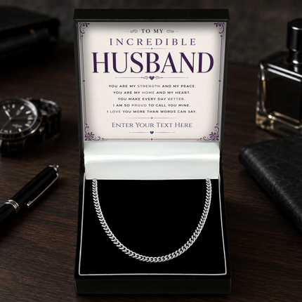 To My Incredible Husband Stainless Steel Cuban Chain Necklace With Personalised Keepsake Box