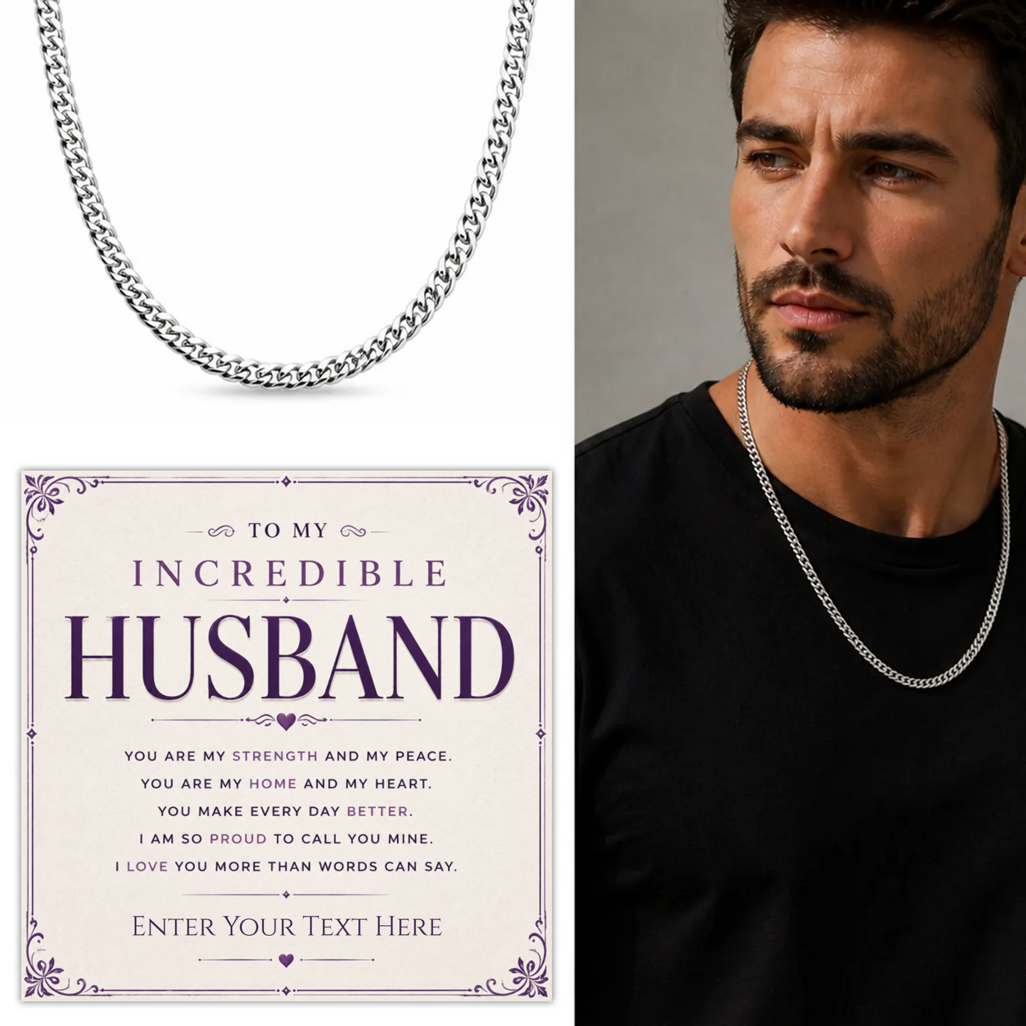 To My Incredible Husband Stainless Steel Cuban Chain Necklace With Personalised Keepsake Box