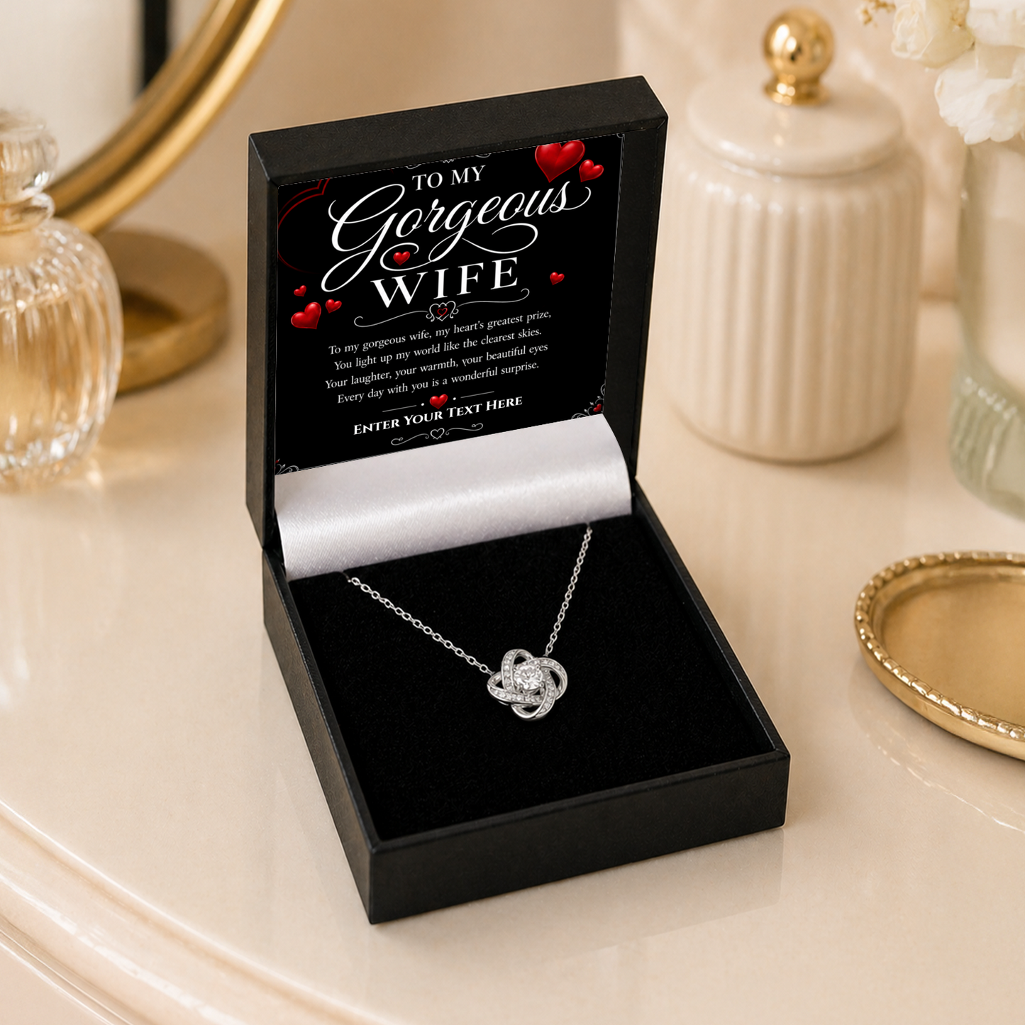 To My Gorgeous Wife Personalised Love Knot Necklace In Keepsake Box